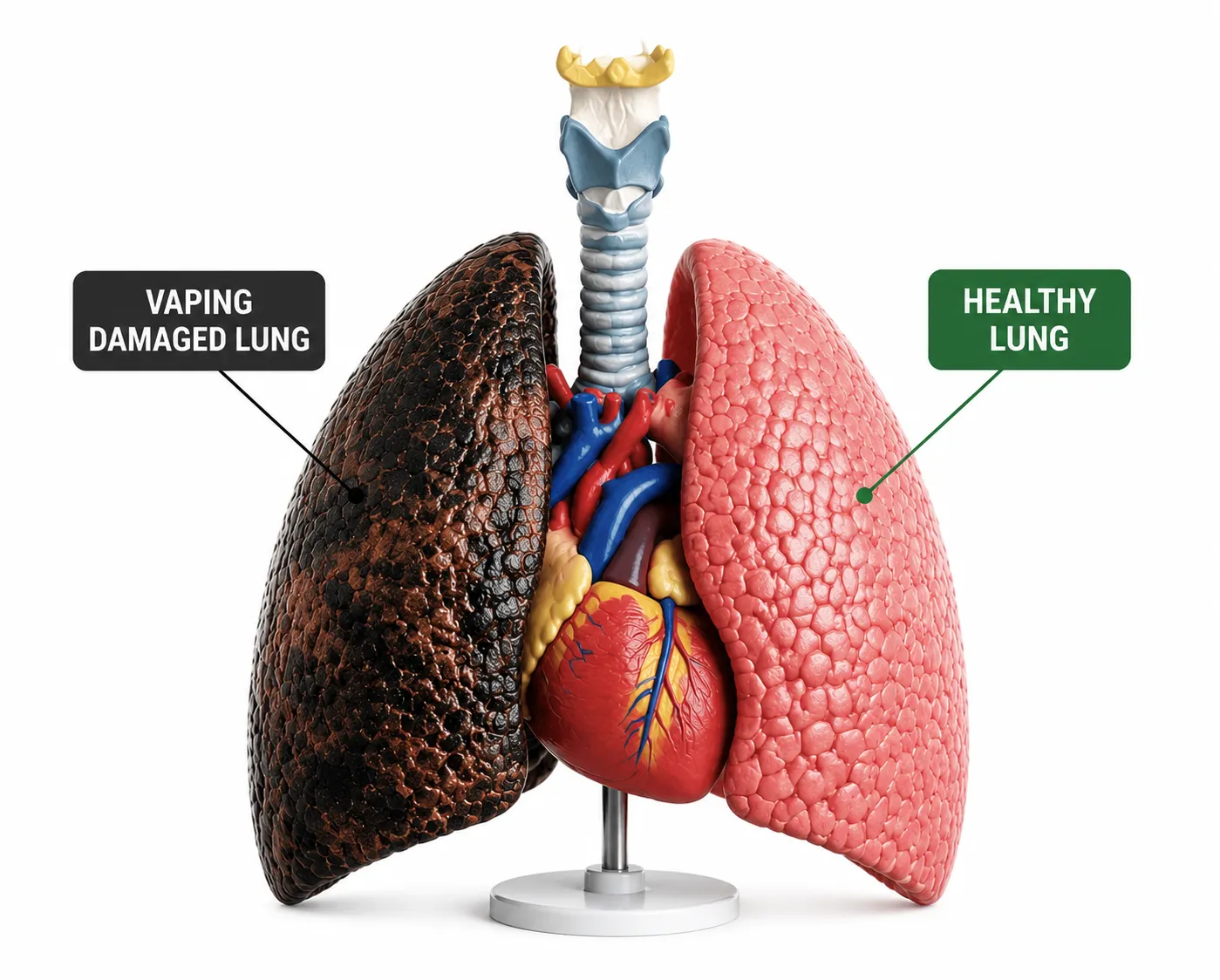 Model of human lungs showing a comparison: a dark, damaged left lung labeled 'Vaping Damaged Lung' and a pink, healthy right lung with heart and trachea in between.