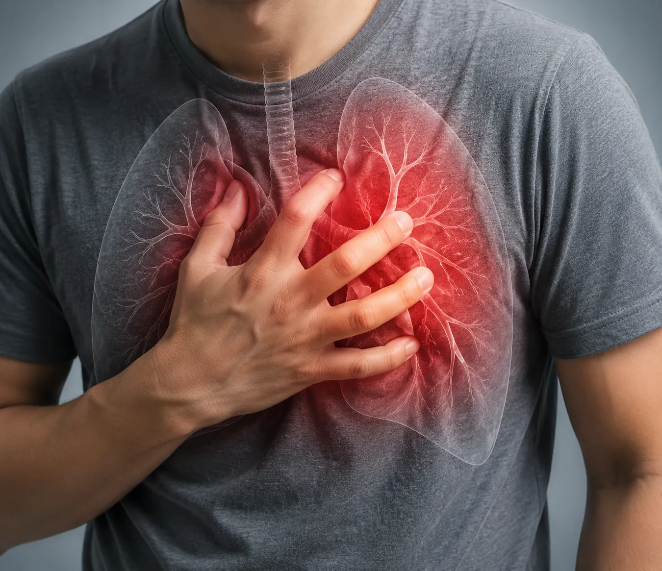 Person in a gray shirt clutching the chest, with a red-glowing heart illustration overlaid to indicate chest pain or heart attack symptoms.