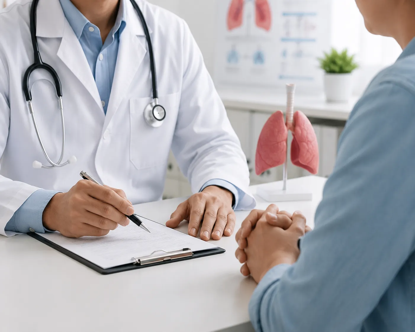 Doctor in a white coat signs a form for a patient at a clinic, stethoscope around the neck.