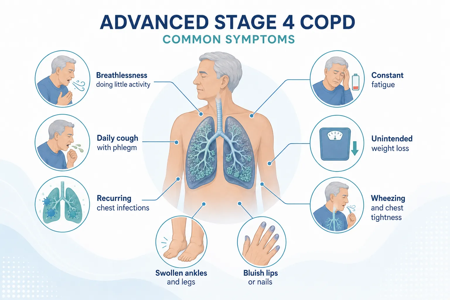 Informational COPD infographic showing common Advanced Stage 4 symptoms around a central lungs illustration.