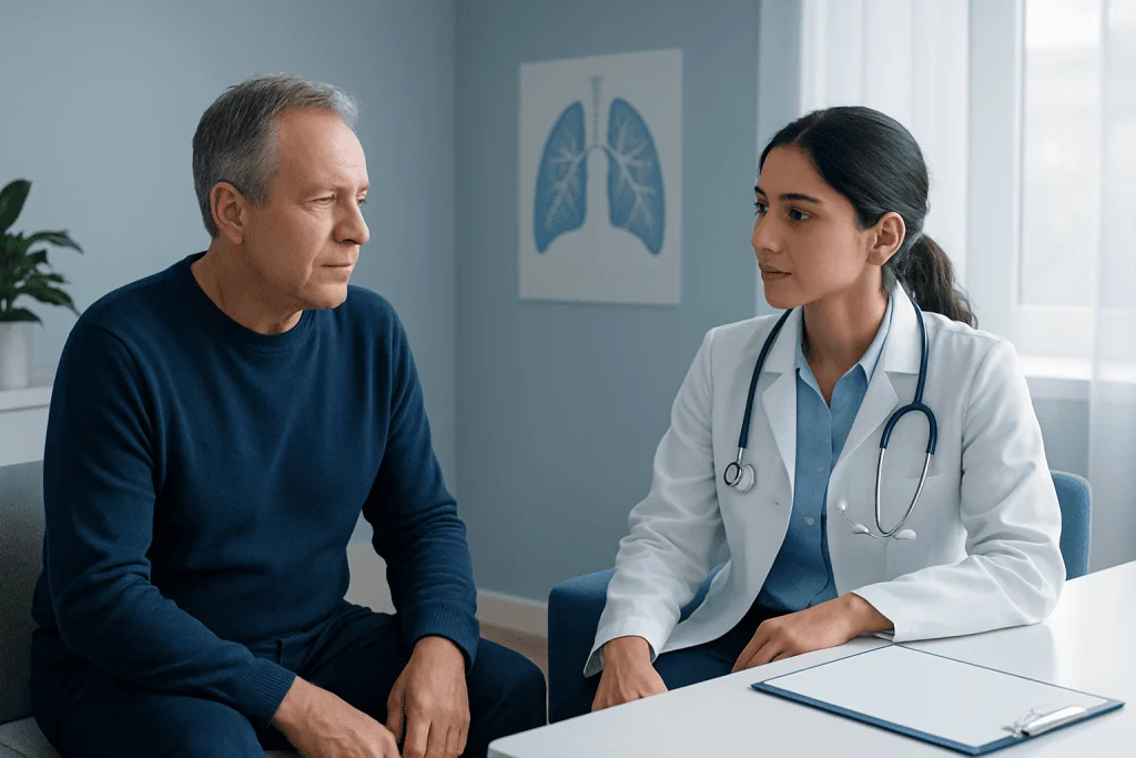 Doctor consulting with an older man patient in a clinic, stethoscope around the neck and medical chart on the desk