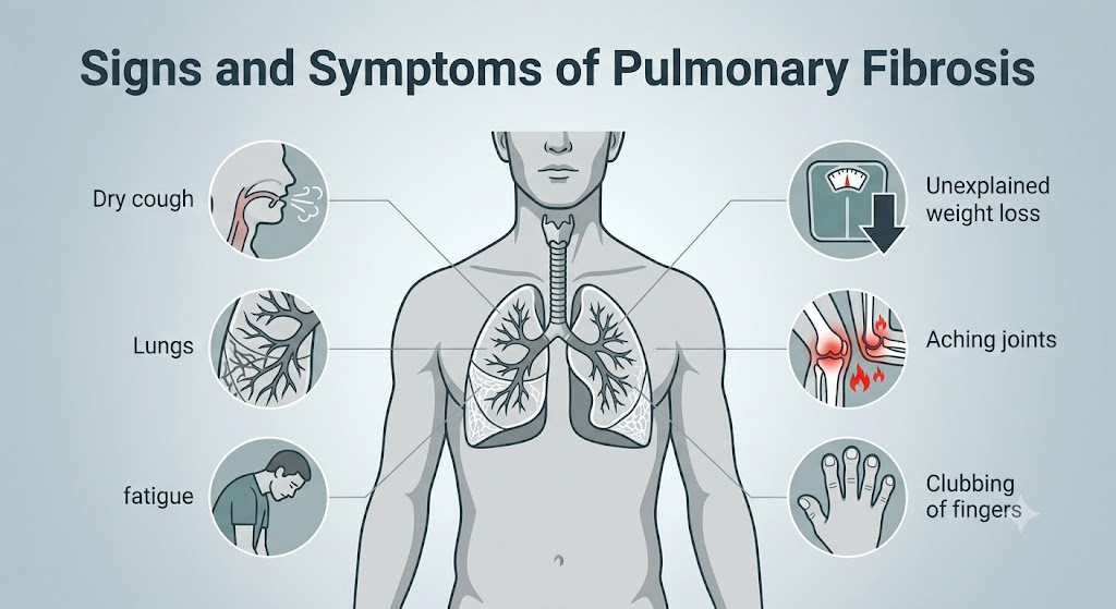 Infographic illustrating signs and symptoms of pulmonary fibrosis, including dry cough, unexplained weight loss, aching joints, finger clubbing, fatigue, and lung diagrams.