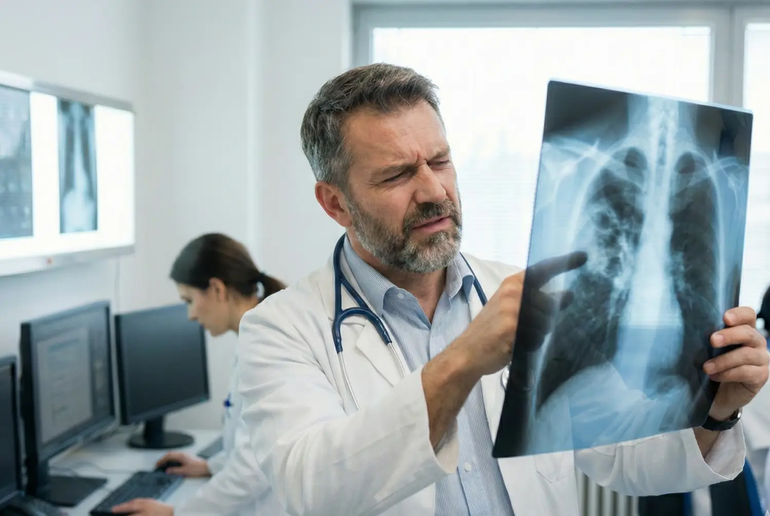 Medical professional holding a chest X-ray film showing the lungs viewed from the front.