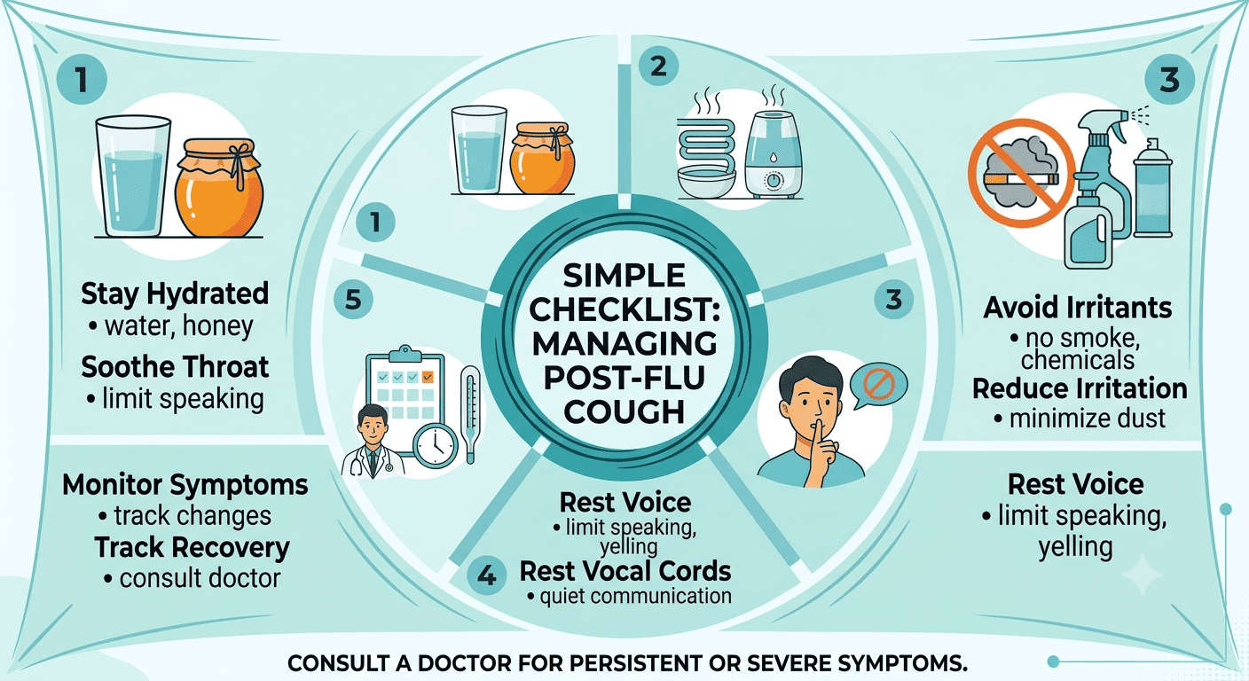 Gemini_Generated_Image_gsb156gsb156gsb1 1 - drmanumadan.com Infographic: Simple checklist for managing post-flu cough with five steps: stay hydrated, soothe throat, monitor symptoms, rest voice, avoid irritants, plus rest vocal cords and consult a doctor if needed.