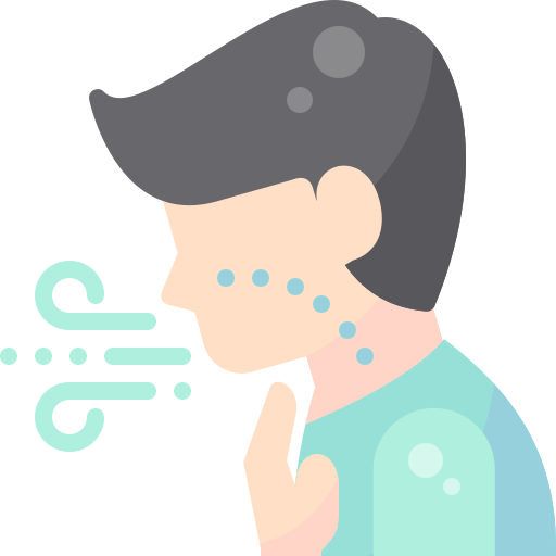 breathing - drmanumadan.com Person in a teal shirt coughing into their hand, with visible breath lines near the mouth.
